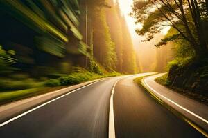 uma embaçado imagem do uma estrada dentro a floresta. gerado por IA foto