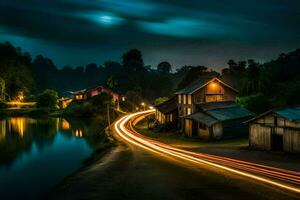 uma grandes exposição fotografia do uma rio e casas às noite. gerado por IA foto