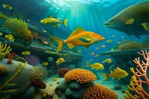 a embaixo da agua cena com muitos peixe e coral. gerado por IA foto
