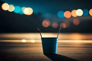 uma azul balde sentado em a estrada às noite. gerado por IA foto