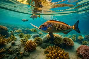 uma peixe natação dentro a água com coral recifes. gerado por IA foto