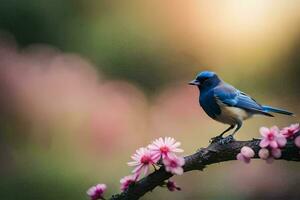 uma azul pássaro senta em uma ramo do uma cereja Flor árvore. gerado por IA foto