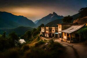 uma casa dentro a montanhas às pôr do sol. gerado por IA foto