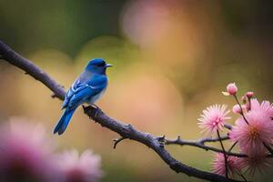 uma azul pássaro senta em uma ramo com Rosa flores gerado por IA foto