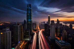 a cidade Horizonte às crepúsculo com tráfego luzes. gerado por IA foto