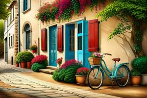 uma pintura do uma rua com uma bicicleta e flores gerado por IA foto