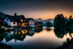 casas em a costa do uma lago às pôr do sol. gerado por IA foto