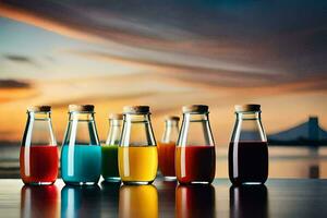 seis garrafas do suco com diferente cores. gerado por IA foto