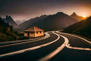 uma estrada dentro a montanhas com uma casa dentro a fundo. gerado por IA foto