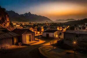 uma Vila às crepúsculo dentro a montanhas. gerado por IA foto