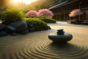 uma japonês jardim com pedras e flores gerado por IA foto