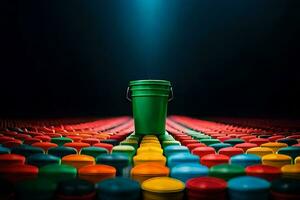 uma verde balde em uma Preto fundo com muitos colorida containers. gerado por IA foto