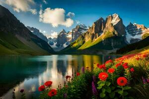 a flores estão florescendo dentro a montanhas e a lago é refletindo a Sol. gerado por IA foto