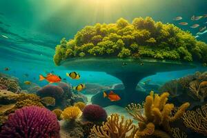 a embaixo da agua cena com coral recifes e peixe. gerado por IA foto