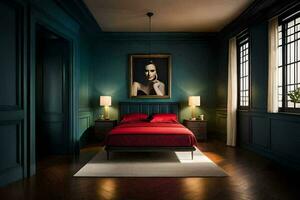uma quarto com uma cama, uma pintura e uma lâmpada. gerado por IA foto