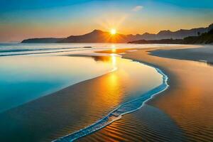 a Sol sobe sobre a oceano e a ondas em a de praia. gerado por IA foto