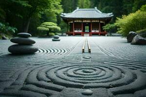 uma japonês jardim com pedras e uma pagode. gerado por IA foto