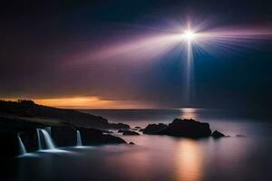 uma Estrela brilha sobre a oceano e cascata. gerado por IA foto