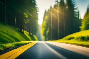 uma estrada dentro a floresta com árvores e Sol brilhando. gerado por IA foto