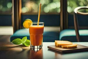 uma vidro do laranja suco com uma fatia do queijo em uma de madeira mesa. gerado por IA foto