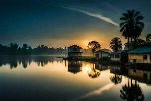 uma lindo nascer do sol sobre uma lago com casas em a costa. gerado por IA foto