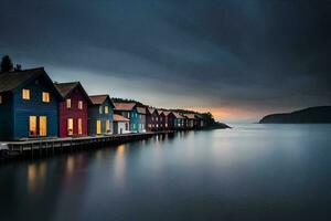 uma linha do colorida casas em a água. gerado por IA foto