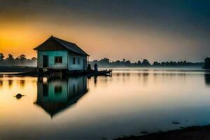 uma pequeno casa senta em a costa do uma lago às pôr do sol. gerado por IA foto