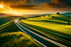 uma estrada dentro a campo com a Sol contexto. gerado por IA foto