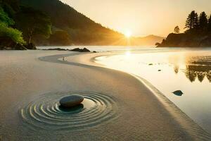 uma Rocha é sentado em a de praia às pôr do sol. gerado por IA foto