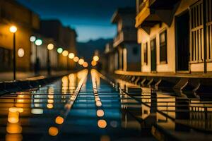 uma rua às noite com luzes em a edifícios. gerado por IA foto