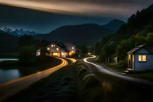 uma grandes exposição foto do uma casa e estrada dentro a montanhas. gerado por IA