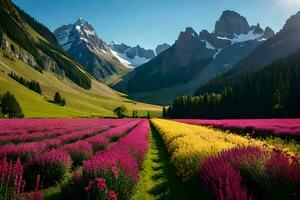 uma campo do flores e montanhas dentro a fundo. gerado por IA foto