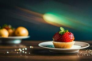 uma Bolinho com morangos em uma placa. gerado por IA foto