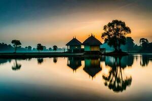 uma lago com dois cabanas e árvores às pôr do sol. gerado por IA foto