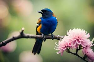 uma azul e laranja pássaro senta em uma ramo. gerado por IA foto