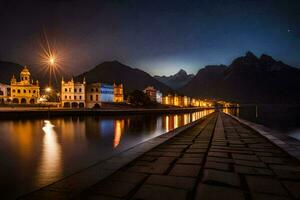 uma cidade às noite com montanhas dentro a fundo. gerado por IA foto