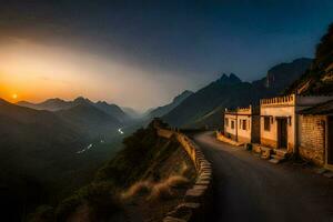 a Sol conjuntos sobre uma montanha estrada dentro China. gerado por IA foto