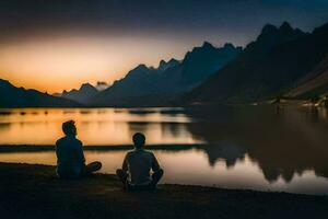 dois pessoas meditando de a lago. gerado por IA foto