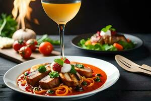 uma prato do Comida com carne e legumes em uma mesa. gerado por IA foto