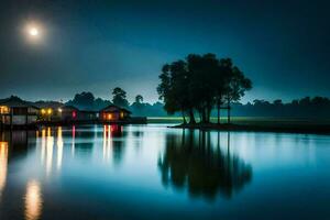 uma enluarada noite cena com casas em a água. gerado por IA foto