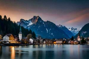 a lindo Cidade do Hallstatt dentro a Alpes às crepúsculo. gerado por IA foto