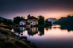 uma Igreja senta em a costa do uma lago às pôr do sol. gerado por IA foto