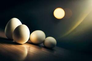 branco ovos em uma mesa com uma luz atrás eles. gerado por IA foto
