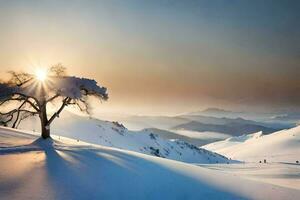 foto papel de parede a céu, neve, árvores, montanhas, nascer do sol, a sol, a árvore,. gerado por IA