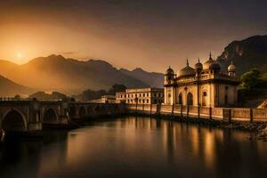 a Sol conjuntos sobre uma ponte e uma mesquita. gerado por IA foto