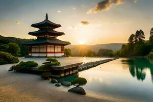 a japonês pagode dentro a japonês jardim. gerado por IA foto