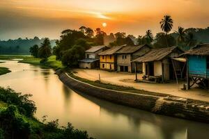 uma rio corre através uma Vila às pôr do sol. gerado por IA foto