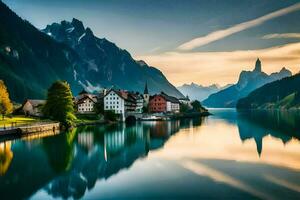 uma lindo lago e montanha Cidade dentro a montanhas. gerado por IA foto