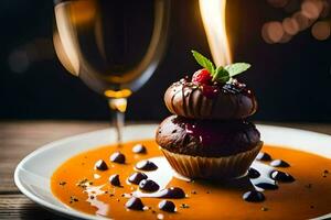 uma sobremesa com chocolate e uma vidro do vinho. gerado por IA foto
