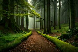 uma caminho através uma floresta com musgoso árvores gerado por IA foto